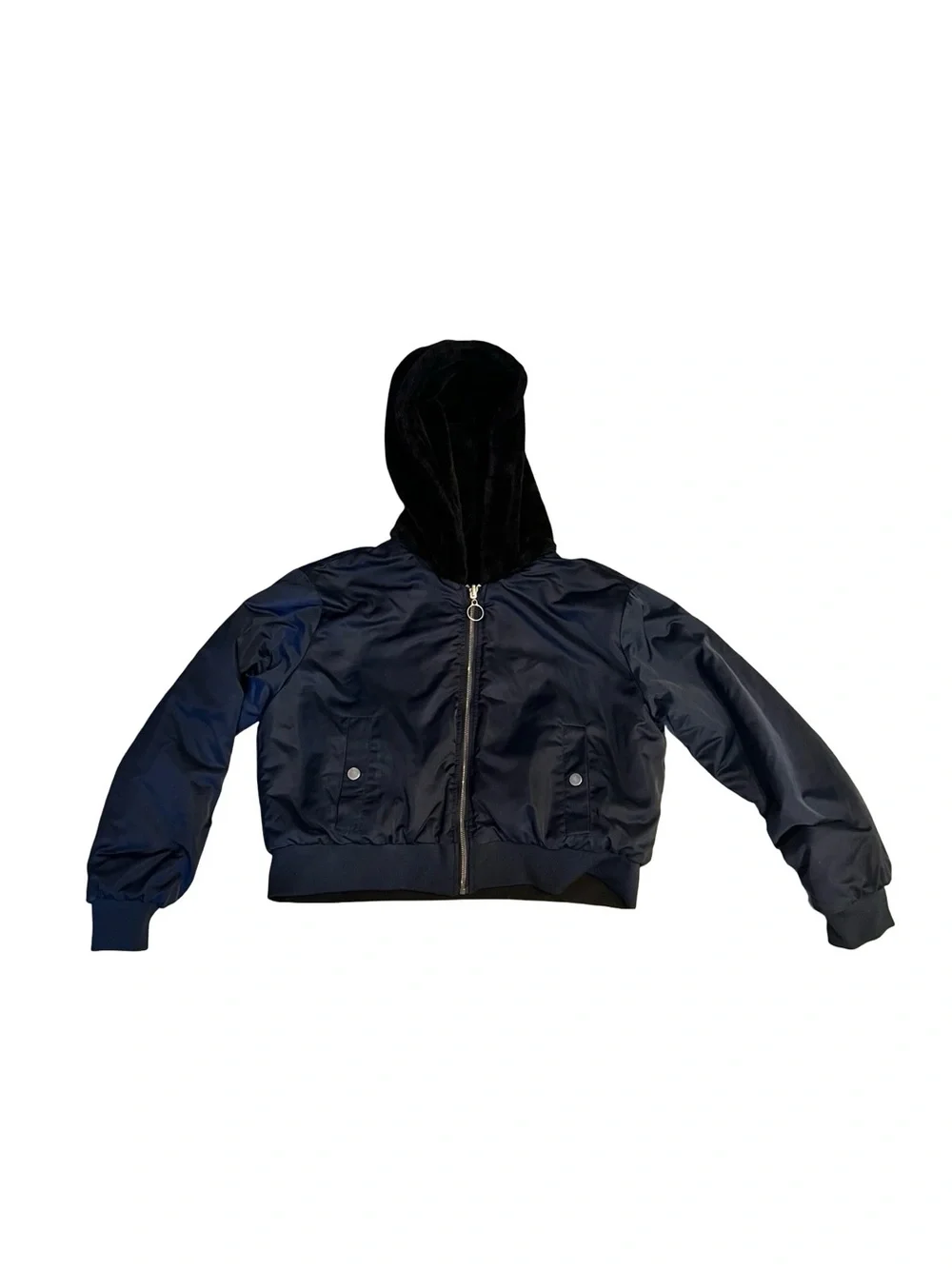 Faux Fur Lined Hooded Bomber Jacket | Navy Women’s L